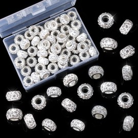 UHOMENY 50 Pcs Rhinestone European Beads Large Hole Rondelle Spacer Beads Diamond Crystal Charm Shiny White Beads for DIY Crafts Bracelet,12mm, with Box