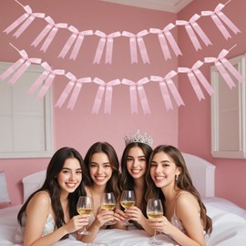 2Pcs Pink Bow Garland Banner for Coquette Bachelorette Party Decorations,NO DIY Satin Bow Party Decorations Garland for Girls Bow Ribbon Birthday,Bow Themed Baby Shower Decor,Bridal Shower Supplies