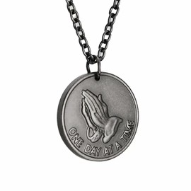 JAJAFOOK Vintage 316L Stainless Steel Praying Hand Medal Pendant Serenity Prayer One Day At A Time Christian Coin Necklace
