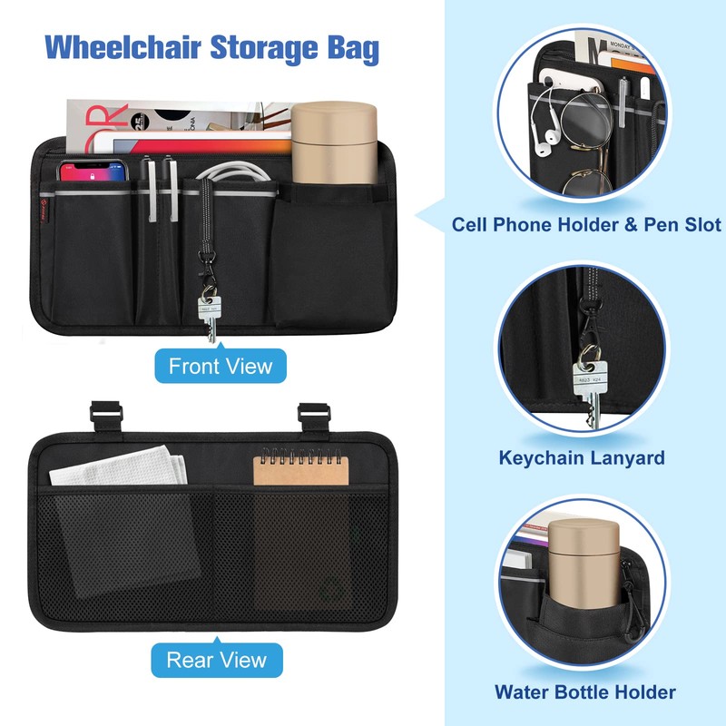 FINPAC Wheelchair Side Storage Bag w/Cup Holder, Wheelchair Armrest Accessories