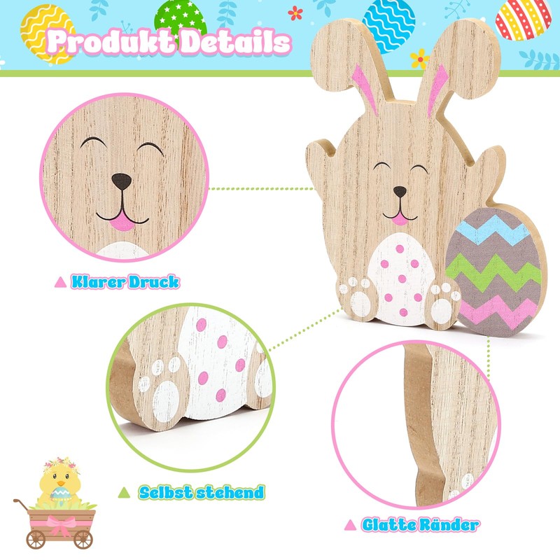 LIHAO 4 x Rabbit Decoration Set Easter Bunny Wooden Easter
