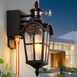 OPAXIS Outside Wall Lights for House with GFCI Outlet, Oil-Rubbed Bronze Motion Sensor Outdoor Lights, Dusk to Dawn Outdoor Lantern Fixture, Anti-Rust Porch Light with Outlet for Garden Front Door