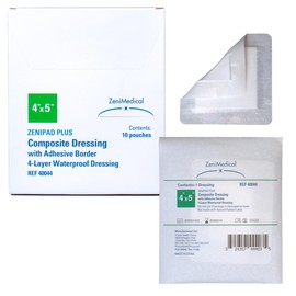 ZeniPad Plus (4" x 4") Multi-Layer Composite Wound Dressing with Adhesive Fabric Tape Border - Sterile, Latex-Free, Waterproof Dressing for Wounds, 10/Box