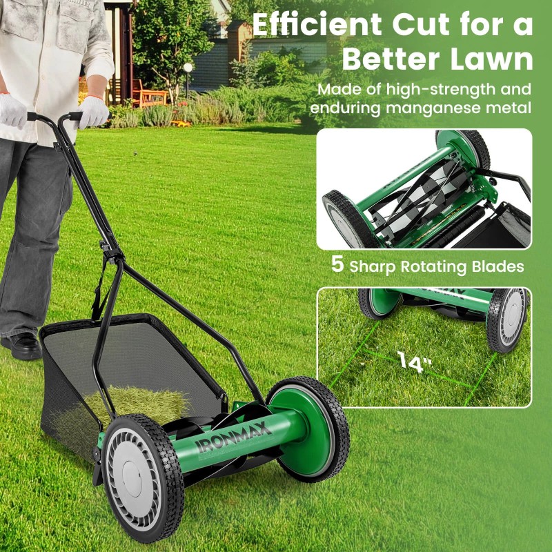 14" Manual Reel Mower w/ 5-Blade 6.6 Gallon Removable Grass
