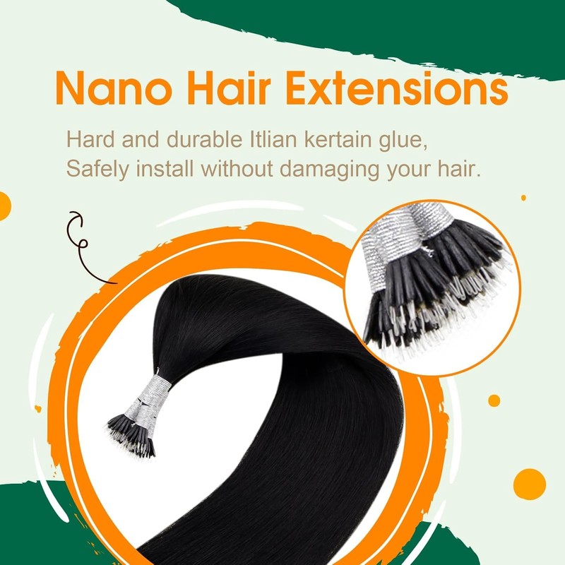 Easyouth Nano Ring Hair Extensions Real Hair Jet Black Individual