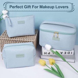 MAANGE Makeup Bag - Large Cosmetic Bag with 2pcs Small Makeup Bags Portable Leather Travel Makeup Bag Set Toiletry Bag Make Up Bags for Women and Girls (Blue)