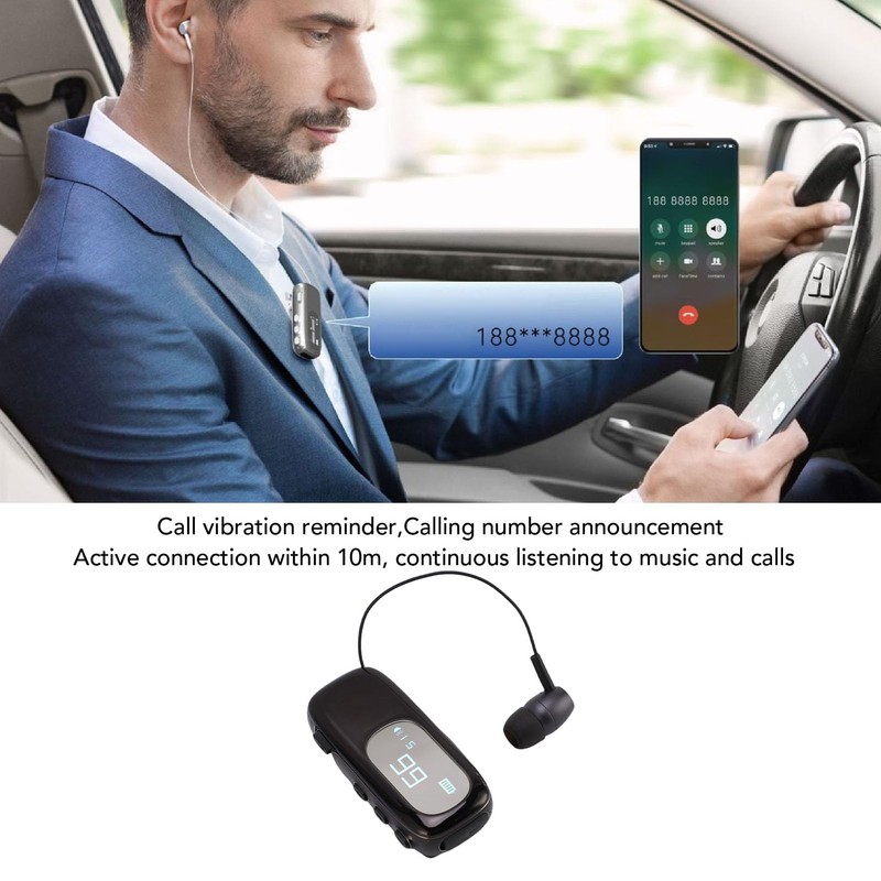 Retractable Headset, Ergonomic Clip On Bluetooth Headset with Vibration Alert