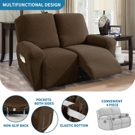 ZNSAYOTX Loveseat Recliner Covers (48"-66") New 4-Piece, Fashion Recliner Love Seat Slipcover with Elastic Bottom & Ties Stay in Place, Stretch Reclining Rocker Cover Soft Comfy Washable (Coffee)