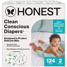 The Honest Company Clean Conscious Diapers for Delicate Skin | Up to 100% Leakproof | Hypoallergenic, Fragrance Free | Gender Neutral | Super Club Box, Size 2 (12-18 lbs), 124 Count (Prints May Vary)