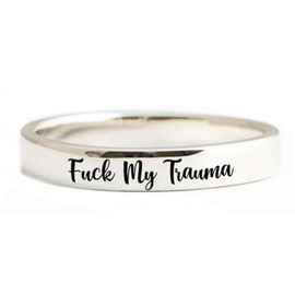 Fck My Trauma Circle Ring, Stainless Steel Inspirational Trauma Healing Ring Self Worth Stackable Mood Ring Funny Curse Word Minimalist Friendship Jewelry Gifts For Women Sisters, 10, Non-Precious