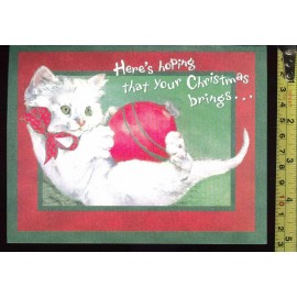 White kitten with red ornament Christmas card #39 - 1 card + 1 blank envelope