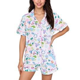 Zuafy Women's Pajamas Set Button Down Ladies Summer Pajamas Monkey Printed Sleepwear Short Sleeve 2 Pc Pjs for Birthday Gift