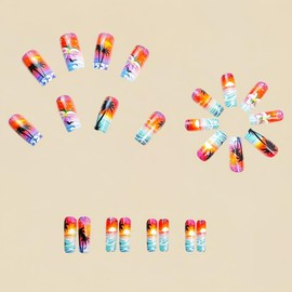 Summer Press on Nails Medium Square Stick on Nails with Coconut Palms Seawave Design Setting Sun Afterlight False Nails Starry Sky Fake Nails Glossy Flower Glue on Nails for Women Girls Manicure 24Pcs