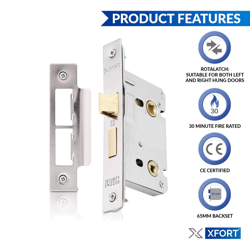 XFORT® Polished Chrome Bathroom Lock 65mm for Internal Wooden Doors,