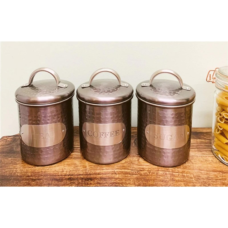 Grey Hammered Metal Tea Coffee Sugar Storage Canister Set