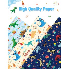 WERNNSAI Dinosaur Wrapping Paper - 10 Sheets Dinosaur Gift Wrapping Paper for Kids Boys Birthday Wrap Papers 3 Style Patterns Dino Favor Present (51 x 69 cm/Sheet)