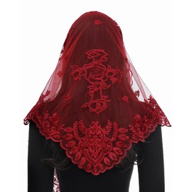 Bozidol Mantilla Triangle Rose Cross Veil for Women Red Church Catholic Veils for Women Mass, Lace Christian Head Covering Religious Gifts for Lady Prayers Communion Easter