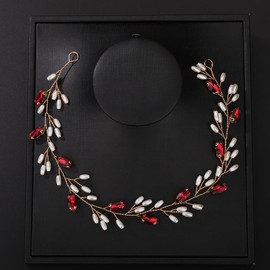 Teyglen Bridal Wedding Hair Vine Pearl and Crystal Headband Handmade Red Blue Black Crystal Pearl Hair Pieces Wedding Hair Accessories for Women Prom Festival Headpieces (Wine Red)