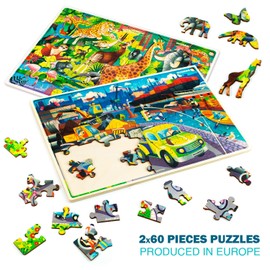 Wooden Kids Puzzles Ages 4-8 by QUOKKA – 4 x 60 Piece Puzzles for Kids Ages 6-8 – Wood Toddler Games for 3-5 Year Olds – Cars Ships and Animals Toy for Boys and Girls