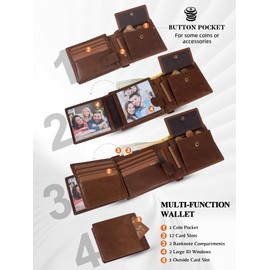GSG Mens Cowhide Leather Wallets with Coin Pocket,17 Credit Card Slots, 2 Banknote Compartments Genuine Leather RFID Wallet Brown
