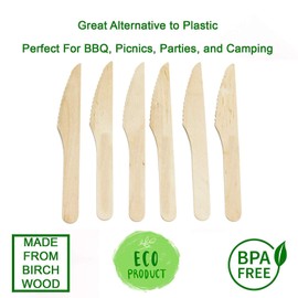 HUJI Wooden Knives - Disposable Wood Cutlery Silverware For Birthday Party Events Holiday Family Gathering Camping Picnics Potlucks 1 Set = 50 Count