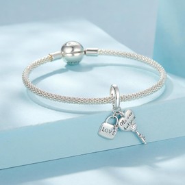 NINGAN 925 Sterling Silver Key Lock Pendant Charms Fit for Women's Bracelets, Heart Love Beads with Shiny Cubic Zirconia, Valentine's Day Jewelry Gifts for Women Wife Spouse
