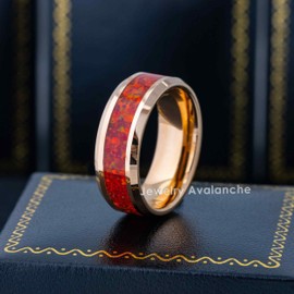 8mm Men’s Rose Gold Tungsten Wedding Band - Synthetic Red Fire Opal Inlay Comfort-Fit Beveled Edge Annviersary Ring - TN882s7.5