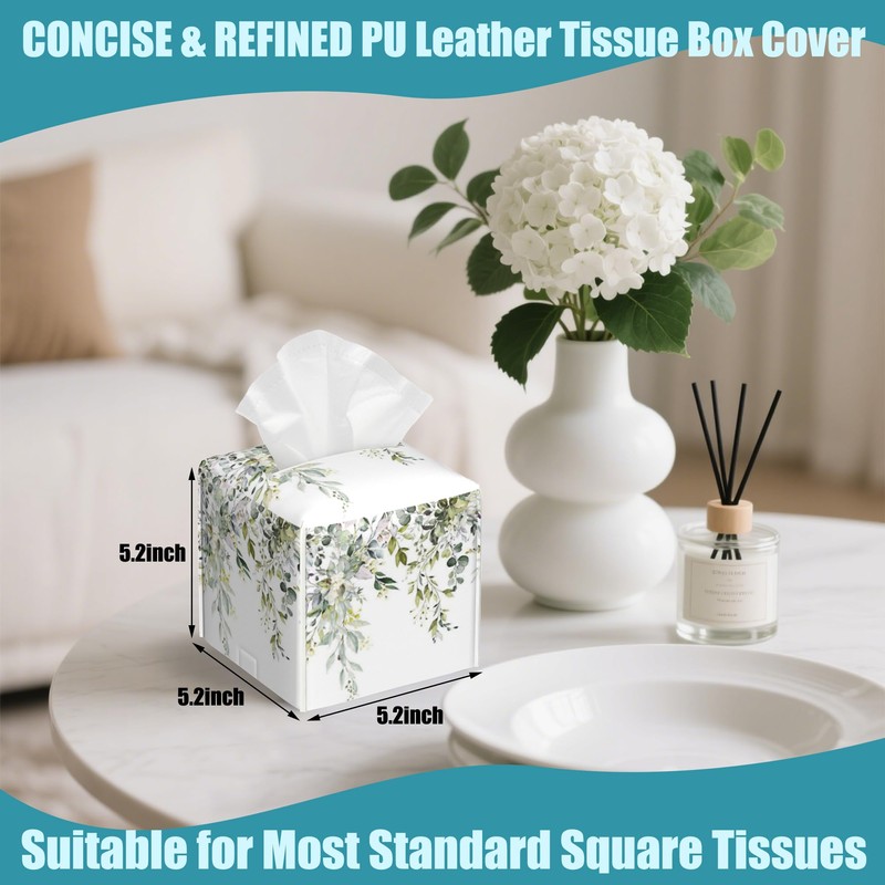 Watercolor Floral Leaves Tissue Box Holder,Square Leather Tissue Box Cover