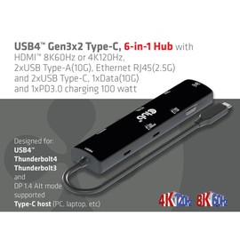 Club3D CSV-1599 USB4™ Gen3x2 Type-C, 6-in-1 Hub with HDMI™ 8K60Hz or 4K120Hz, 2xUSB Type-A (10G), Ethernet RJ45(2.5G) and 2xUSB Type-C, 1x Data (10G) and 1xPD3.0 Charging 100 Watt