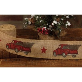 TCHC Vintage Red Truck Burlap 4” By 10’  Christmas Ribbon -Vintage Country Primitive