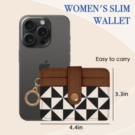 WRIGAEL Slim Wallet for Women Ladies Teen Girls Female Credit Card Holder Cute Aesthetic Unique Modern RFID Triangular Checkered Cardholder Keychain, Brown Black White