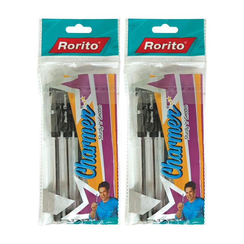 rorito 10 x 0.7mm Charmer BLACK Ballpoint Pens Soft Grip