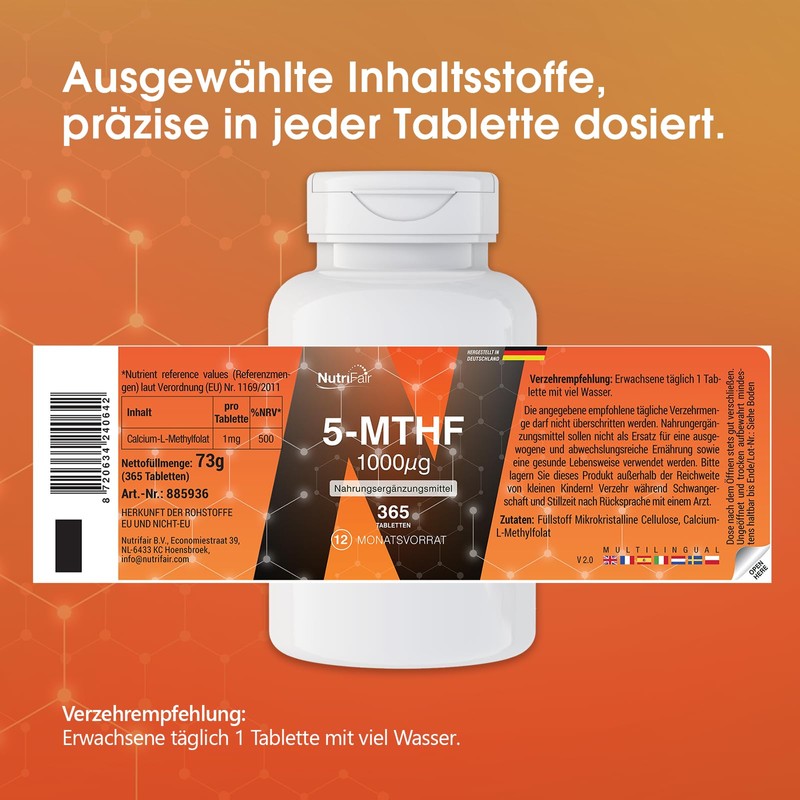 Nutrifair 5-MTHF 1000μg, 365 Tablets, 1mg per Tablet, Calcium L-Methylfolate,