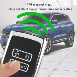 TPU Smart Key Case passend für Renault, Silikon Keyless 4-Tasten-Schlüsselanhänger, Renault-Schutzhülle für Autoschlüssel mit robustem Lederanhänger (Silber)