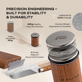 Stonka Walnut Rolling Knife Sharpener Kit – Dual-Grit Diamond Wheels Kit (400/1000), Easy to Use Knife Sharpener Roller with Magnetic Holder with 15° & 20°, Leather Strap