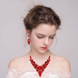 BriLove Women's Costume Fashion Crystal Multi Leaf Marquise Cluster Enamel Statement Necklace Dangle Earrings Set Ruby Color Gold-Toned