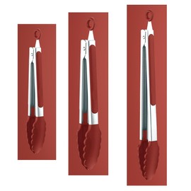 Red Stainless Steel Tongs Heat Resistant Kitchen Tongs Set - 7", 9" & 12" Inch, BBQ Tongs with Silicone Tip, Strong Grip for Cooking, Salad Tossing,Air Fryer, &Grill Tongs- Pull Lock, Red - Set of 3