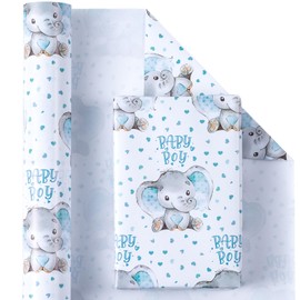 WRAPAHOLIC Jumbo Baby Boy Wrapping Paper - 30 Inch x 100 Feet Jumbo Roll - Adorable Blue Elephant Design for Baby Shower, Party, Holiday