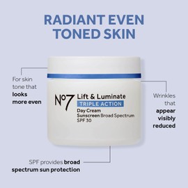 No7 Lift & Luminate Triple Action Day Cream - Anti-Aging Moisturizer with SPF 30, Made with Emblica, Vitamin C & Hibiscus Peptides, Suitable for Sensitive Skin (2 pack, 50 ml each)