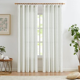 jinchan Boho Linen Blend Curtains 84 Inch Long Country Farmhouse Living Room Sage Green on White Print Window Curtains Rod Pocket Back Tab Geometric Light Filtering Curtain Set, 2 Panels