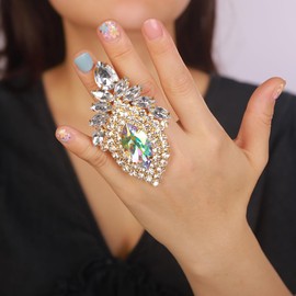 Wiwpar Antique Boho Large Oval Crystal Rhinestone Open Ring for Women Vintage Statement Finger Ring Adjustable Summer Band Ring for Wedding Party Prom Brides, rhinestone, Rhinestone