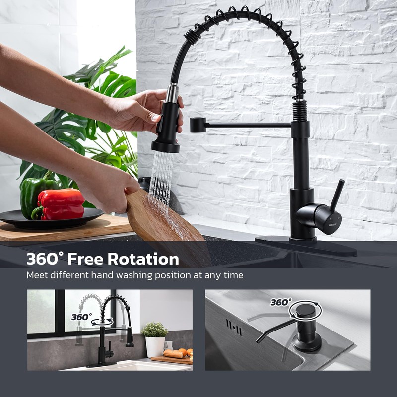 WEWE Black Kitchen Faucet with Soap Dispenser, Kitchen Sink Faucet