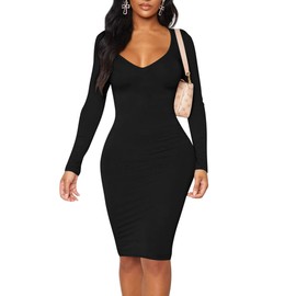 BORIFLORS Women's Sexy Bodycon Long Sleeve Deep V Neck Club Party Midi Pencil Dresses, Medium, Black