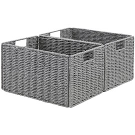 Vagusicc Wicker Storage Basket, Set of 2 Hand-Woven Paper Rope Wicker Basket, Small Storage Baskets for Organizing Toilet Paper Basket, Foldable Large Cube Storage Organizer Bins for Shelves (Grey)