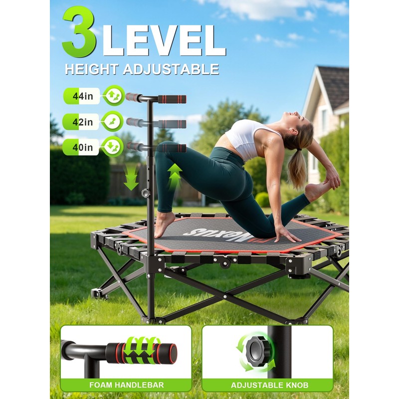 FitNexus 42" Foldable Mini Trampoline- 450lb Capacity Fitness Rebounder w/3-Level