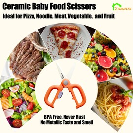 Ceramic Baby Food Scissors with Travel Case, Dust Cover & Safety Lock, Toddle Scissors, Baby Led Weaning Food Cutter, Parent Must have for Baby & Toddle Feeding(Pizza, Meat, & Vegetables) (Orange)