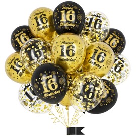 16th Birthday Balloons,15 Pcs Black Gold Party Decorations with Happy Birthday Latex Confetti Balloons for Boys Girls Men Women 16th Birthday Décor Anniversary Age Balloons