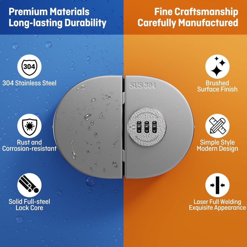 Ranbo Frameless Mechanical Combination Glass Door Lock, No-Drill Installation, Fits