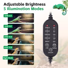 UVB Light for Reptiles, UVA UVB Reptile Light Fixture with Timer LED UVB Bulb for Bearded Dragon Gecko Turtle Chameleon Lizard Snake, Adjustable Brightness UVB Lamp for Reptile Tank Accessories, Black
