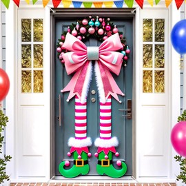 BlissYard Christmas Elf Door Cover 71x35 Inch Holiday Front Porch Door Banners Decoration Pink Bow Striped Legs Green Shoes Background Hanging Banner for Indoor Outdoor Xmas Decor